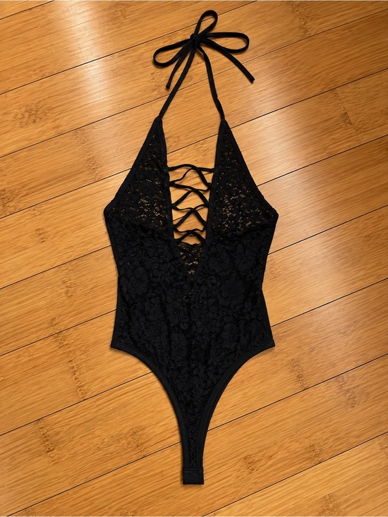Tops - Black Lace Halter One-Piece Bodysuit